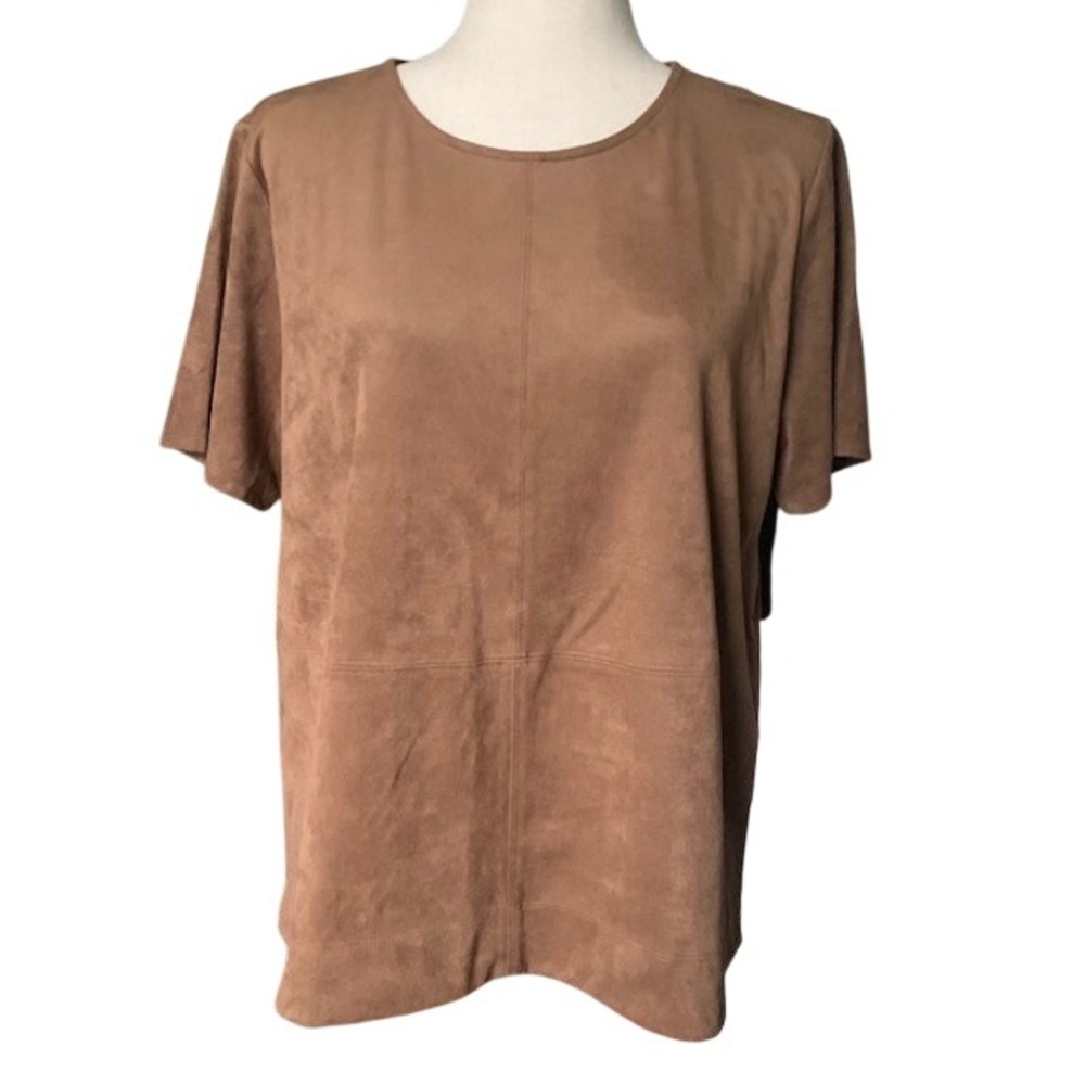 J Jill Brown Faux Suede Top M Stretch Poly Spandex Earthy Minimalist Soft